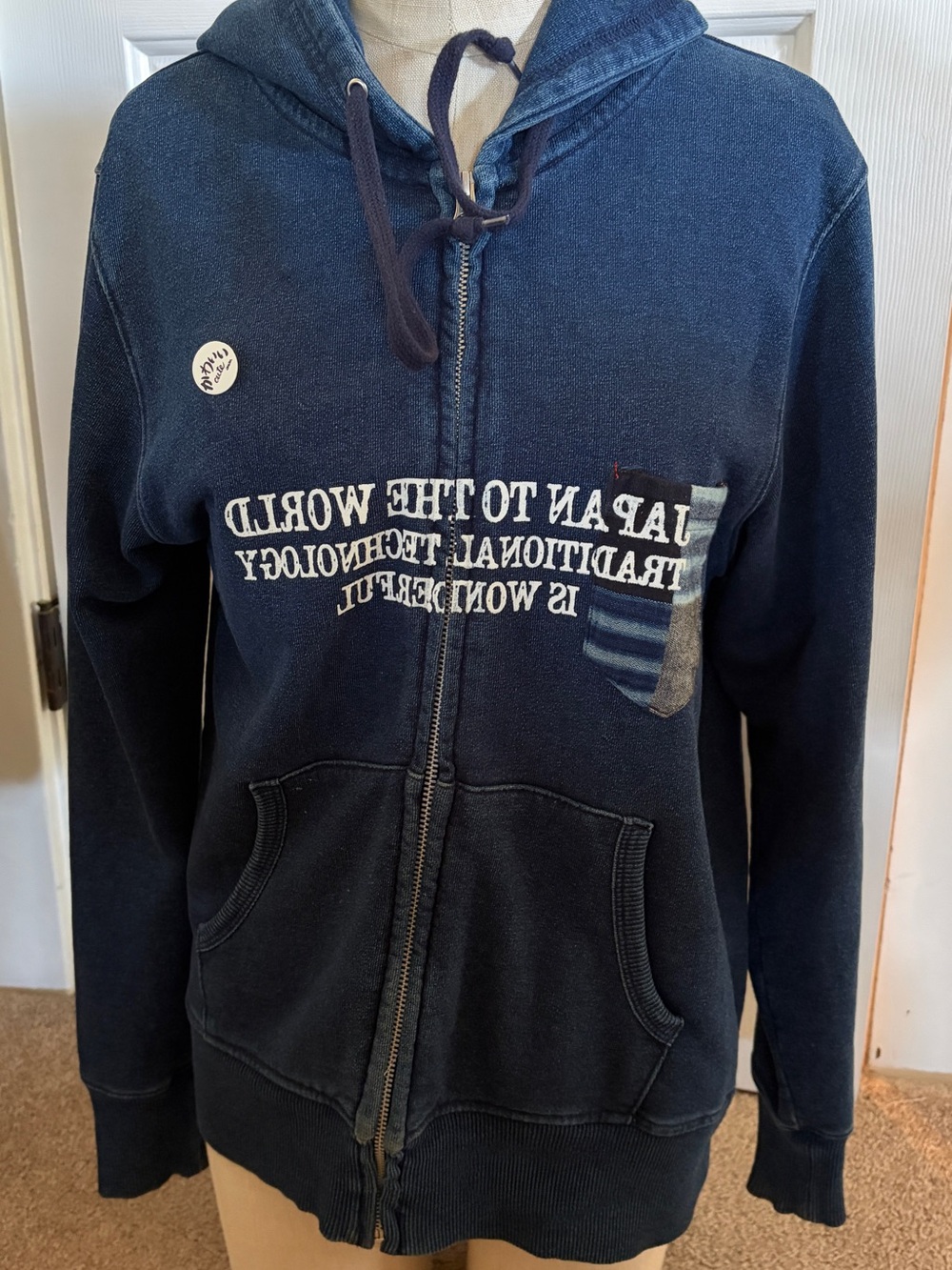 Navy Zip-Up Hoodie with Pocket Patch & Graphic